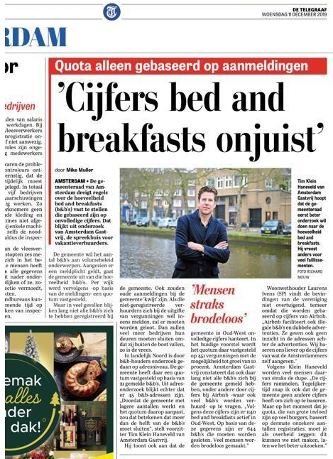 Telegraaf: cijfers bed and breakfasts onjuist, mensen straks brodeloos