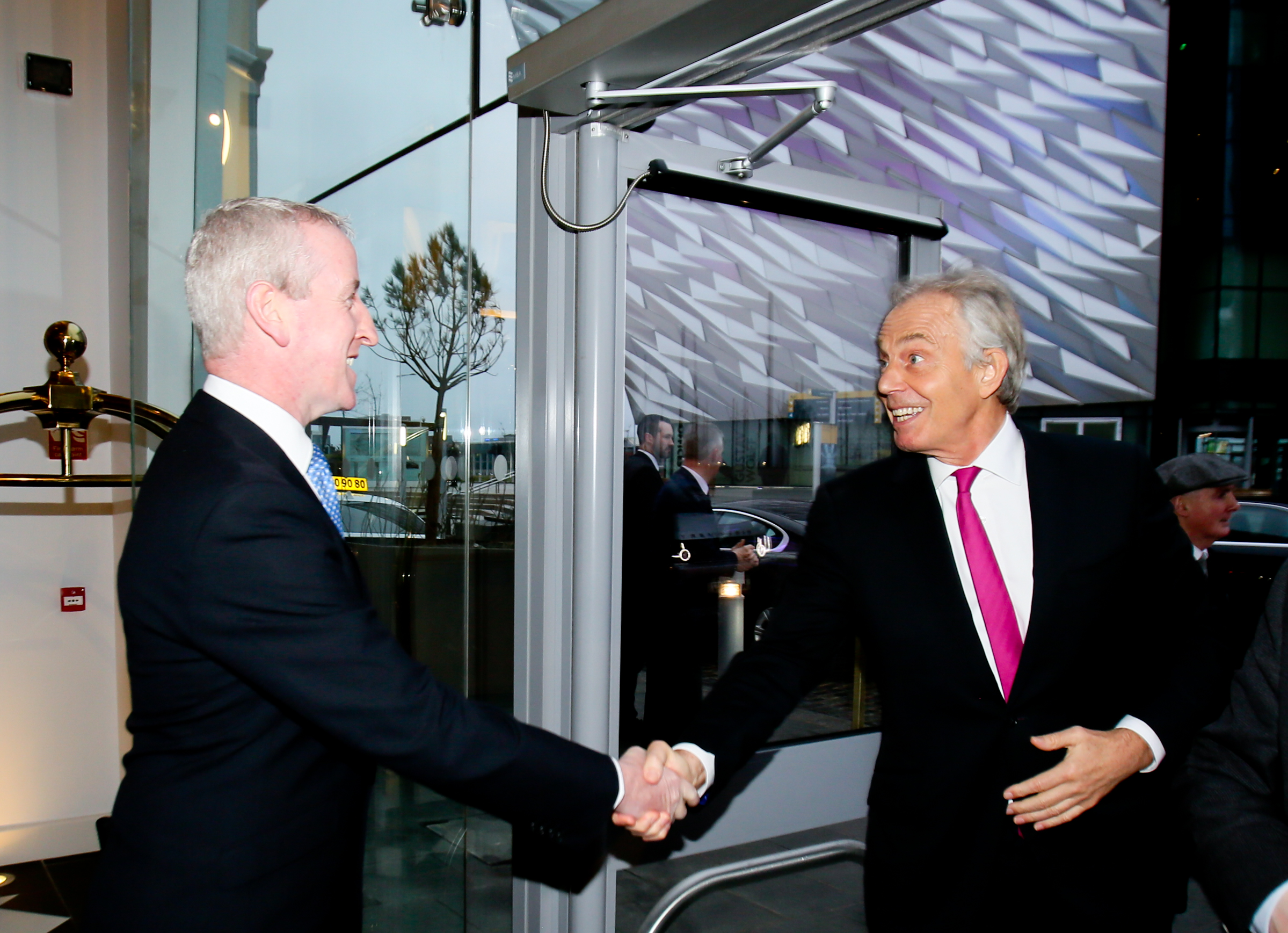  Harcourt head of hotels Clement Gaffney welcomes former Prime Minister Tony Blair to Titanic Hotel Belfast&nbsp; 