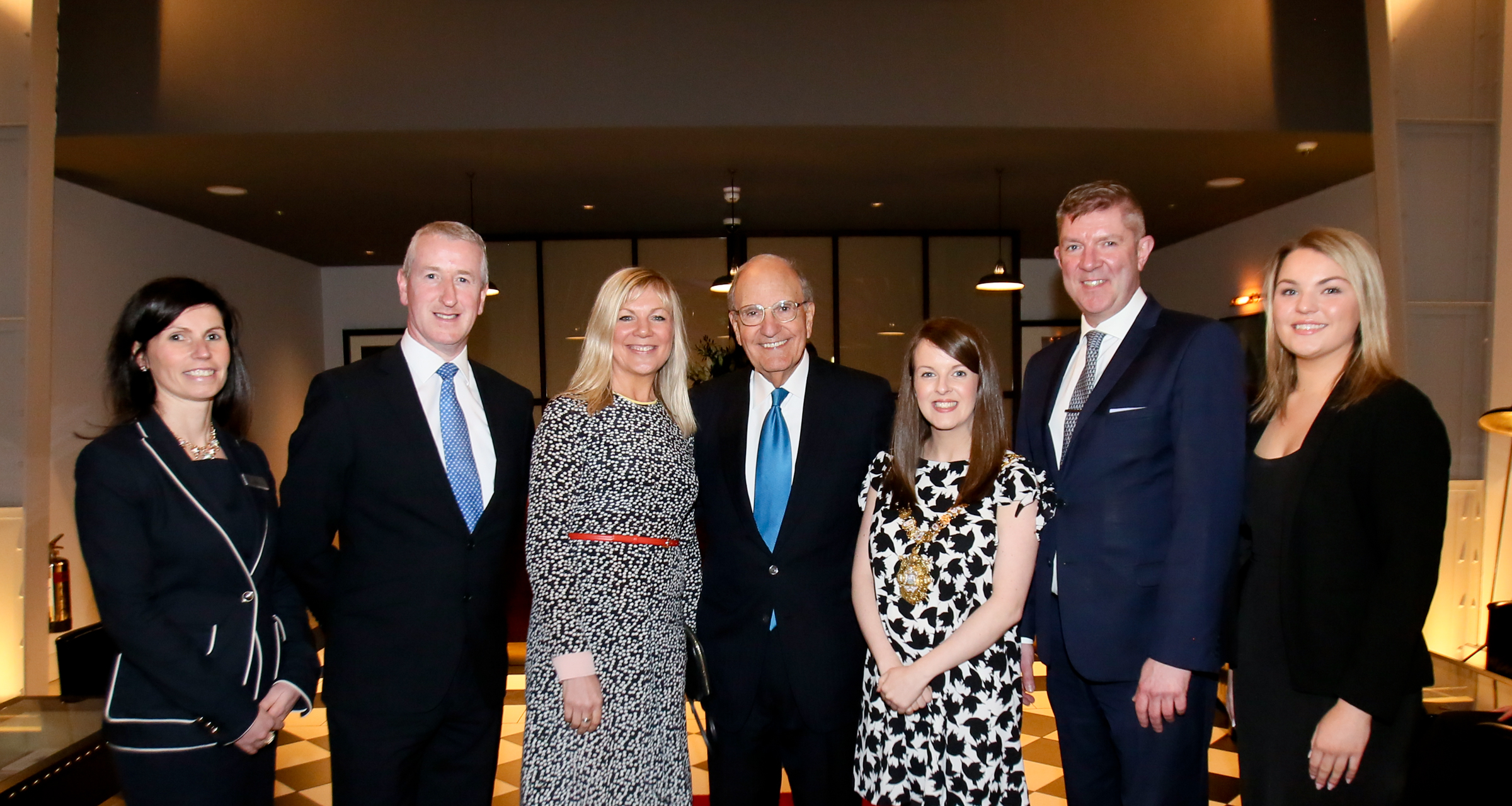  from left, Titanic Hotel Belfast sales manager Yvonne McIlree, Harcourt head of hotels Clement Gaffney, Belfast Council CEO Suzanne Wylie, Senator George Mitchell,&nbsp;the Lord Mayor of Belfast Nuala McAllister, GM Adrian McNally 