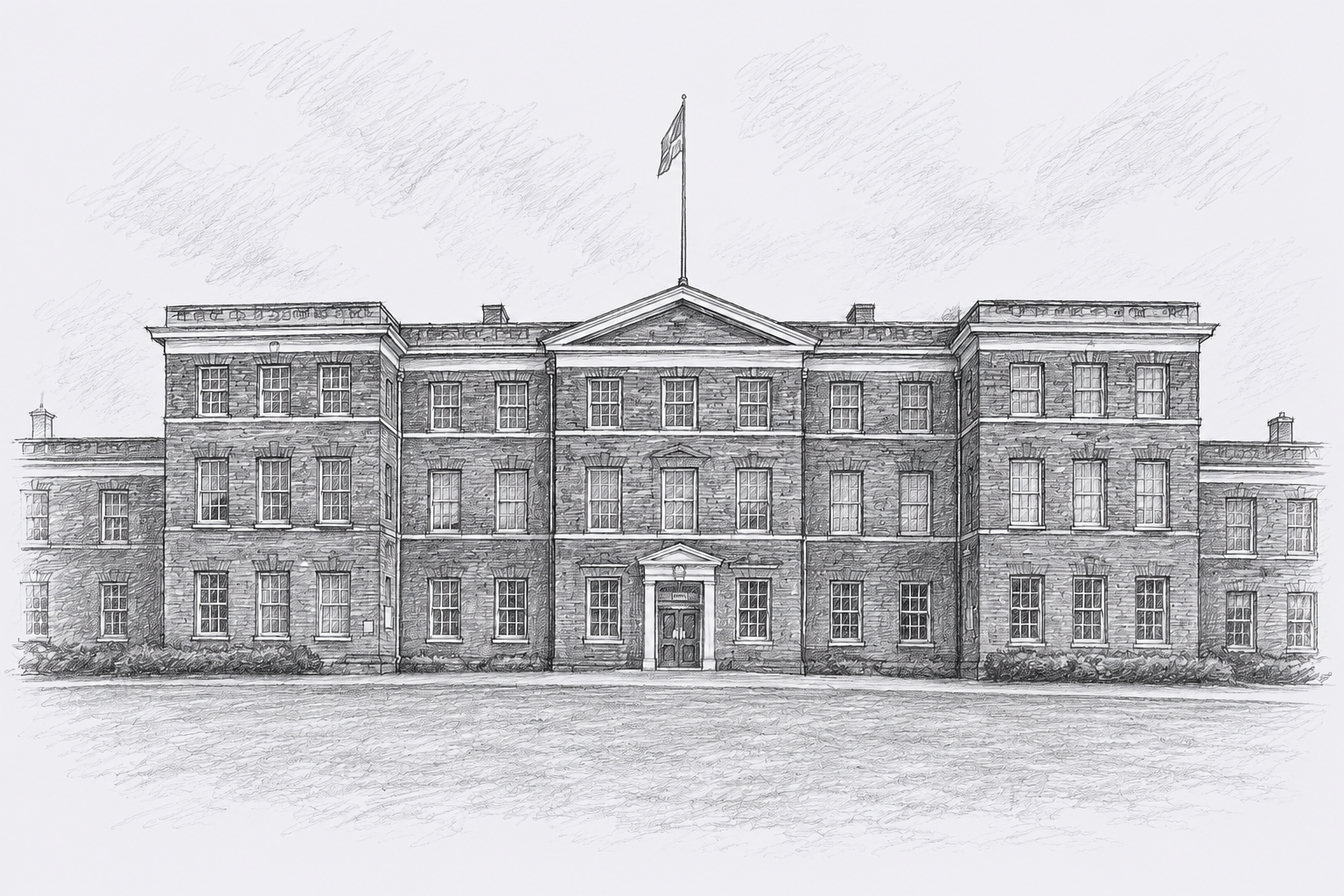 A detailed sketch of the Fielding Johnson Building on the University of Leicester Campus with a central entrance, multiple windows, a flag on top, and two symmetrical wings. Small shrubs line the base of the building.