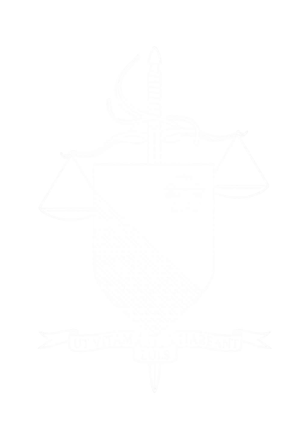 A coat of arms featuring a shield with a flower, a sword through the top with scales on each side, and a Latin motto "UT VITAM HABANT LULS" beneath.