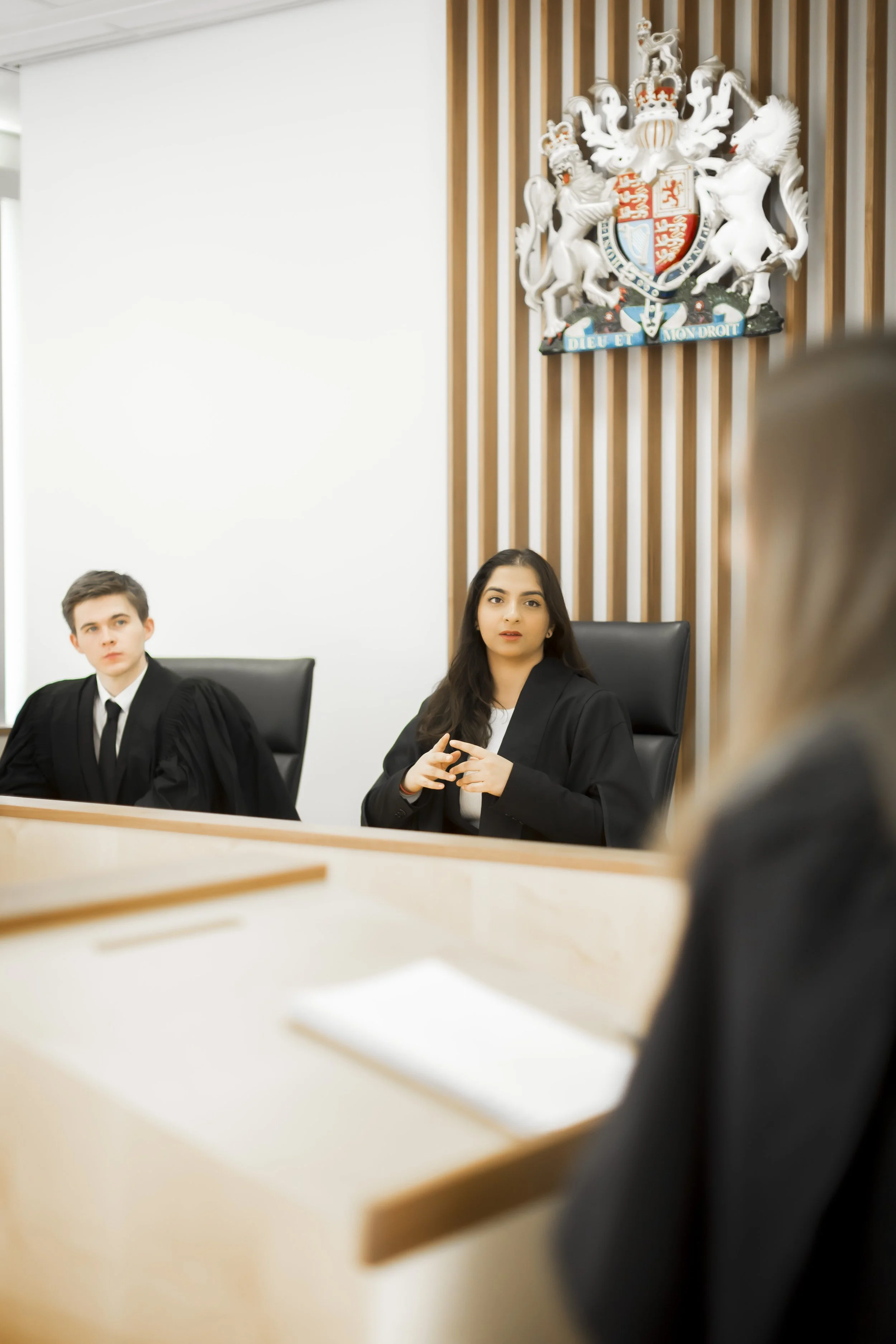 Young woman in black judge's robe sitting at a conference table during a legal proceeding, with a crest on the wall behind her.
