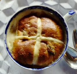 Hot cross bread and butter pudding cooked in a Harrison Charcoal Oven