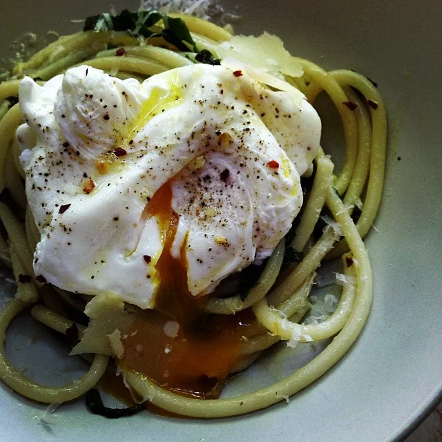 bucatini, poached egg