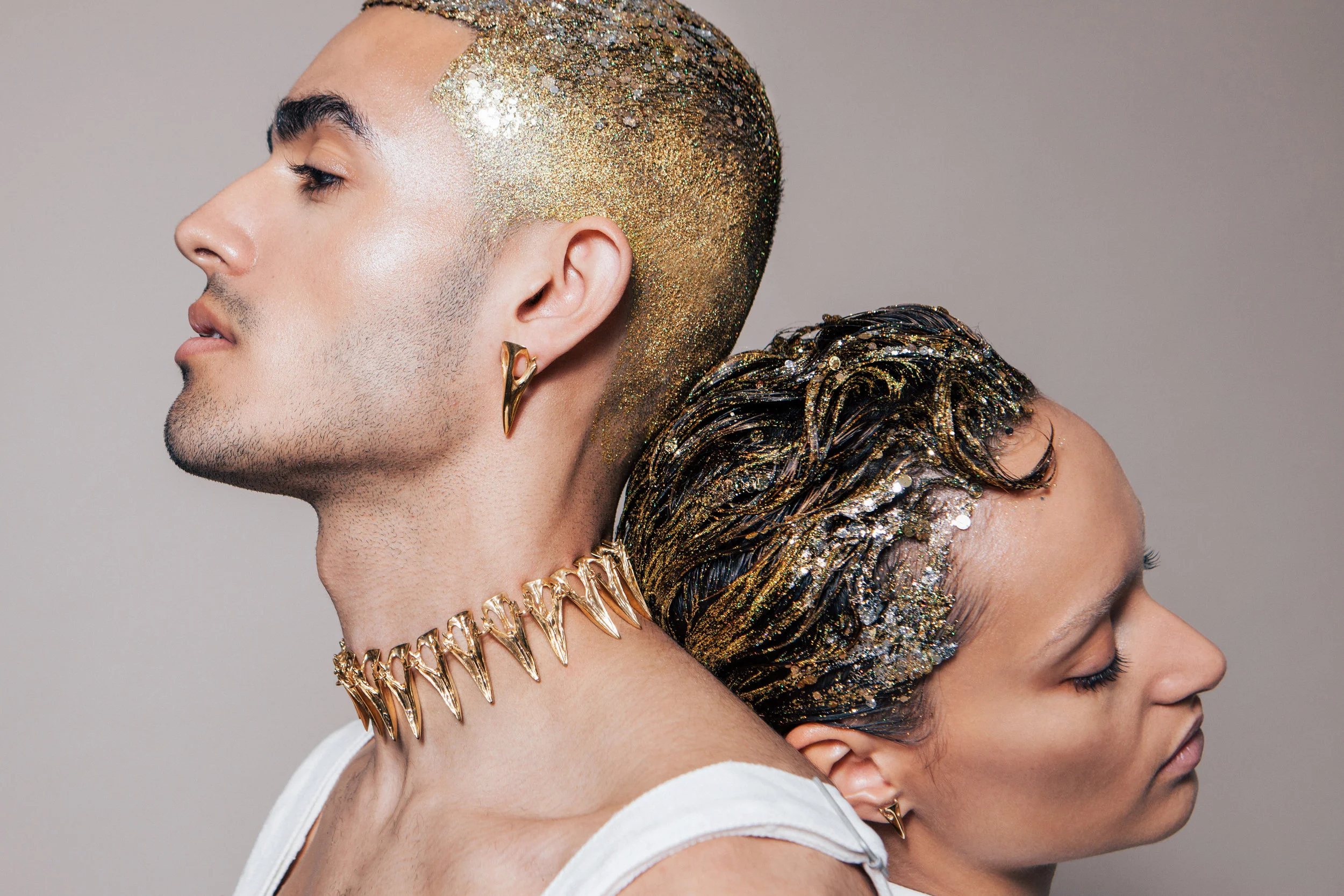 nicolegomes; fashion; portrait; model; editorial; beauty; menswear; womenswear; canon; london; fashionphotography, glitter, bird jewellery, magpie jewellery, bird jewlry, gold, gold jewellery, bird beak jewellery, grunge, alternative, london pride, pride, unisex jewellery, the alkonost