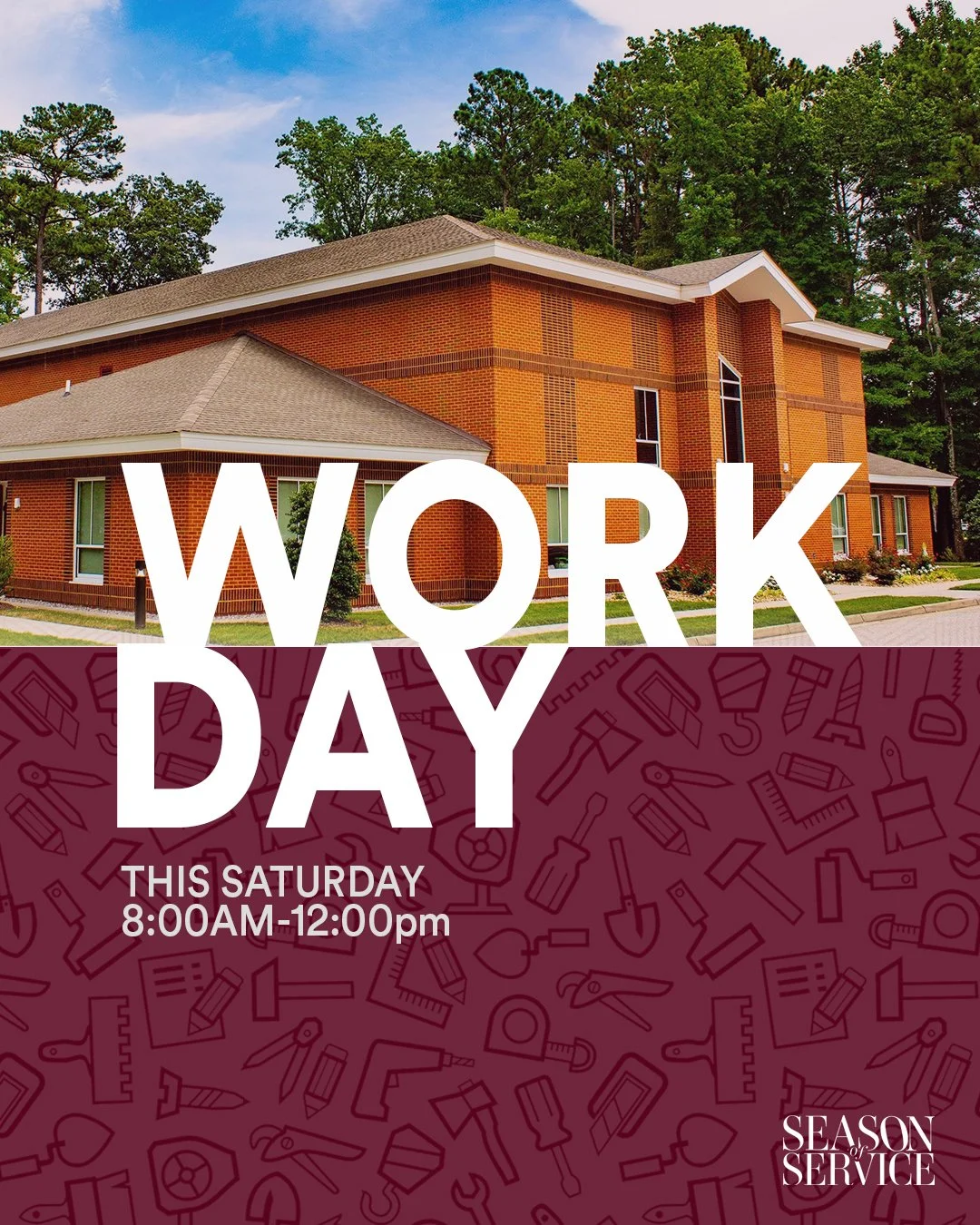 On Saturday we have a church work day and we need your help! We've got cleaning, organizing, general maintenance, and more that needs to be done to our beautiful facility. Rain or shine we've got things that can be done inside and out. Join us from 8