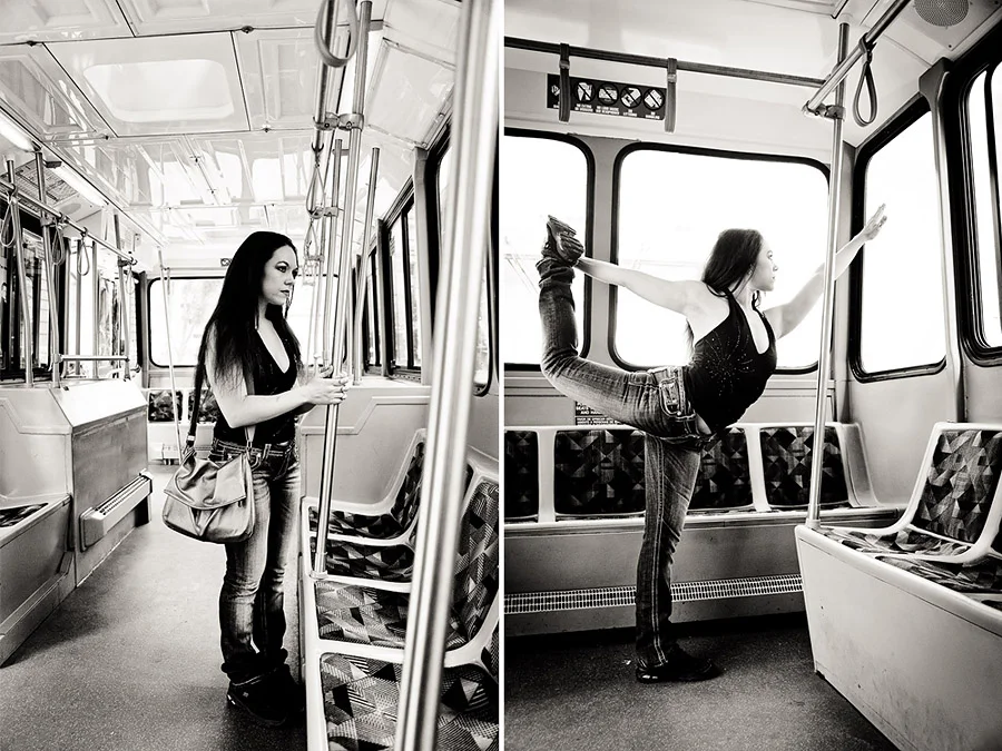 Yoga in public - woman in dancers pose on a bus