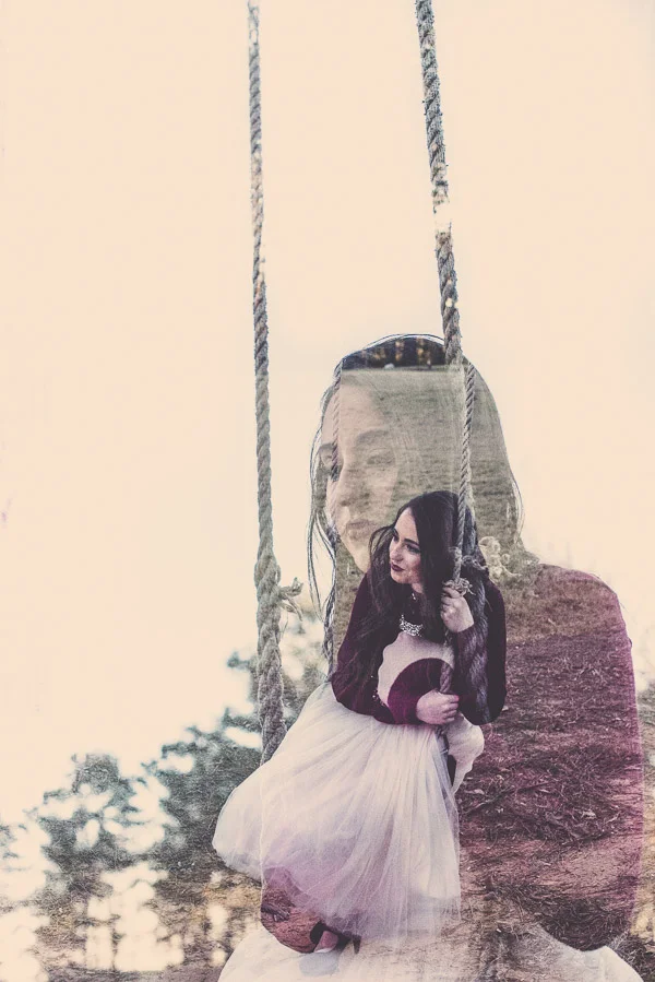 High school senior girl in Atlant on a swing double exposure