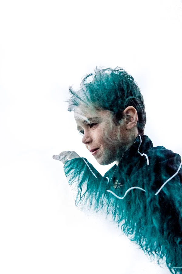 Boy with blue fur double exposure
