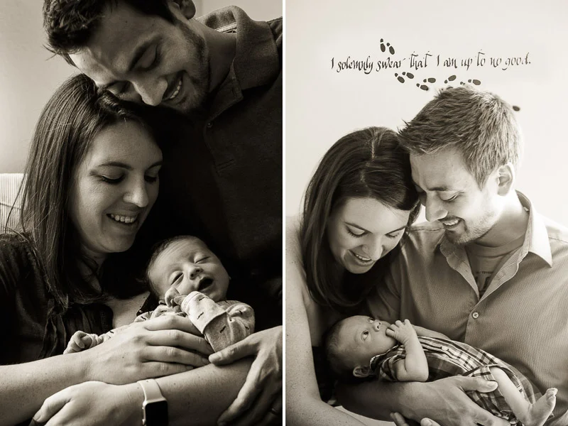 funny portrait of parents and newborn under wall art that says "i solemly swear that I'm up to no good"
