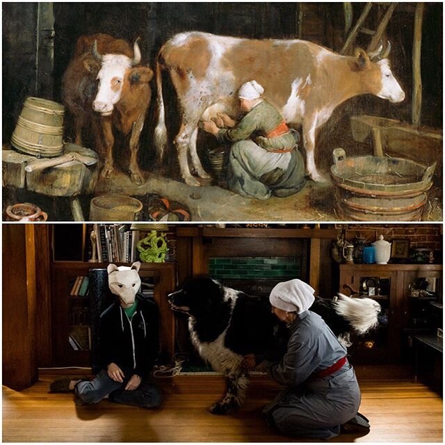 Our attempt at the #gettymuseumchallenge  A Maid Milking a Cow in a Barn by Gerard ter Borch
.
.
#tussenkunstenquarantaine