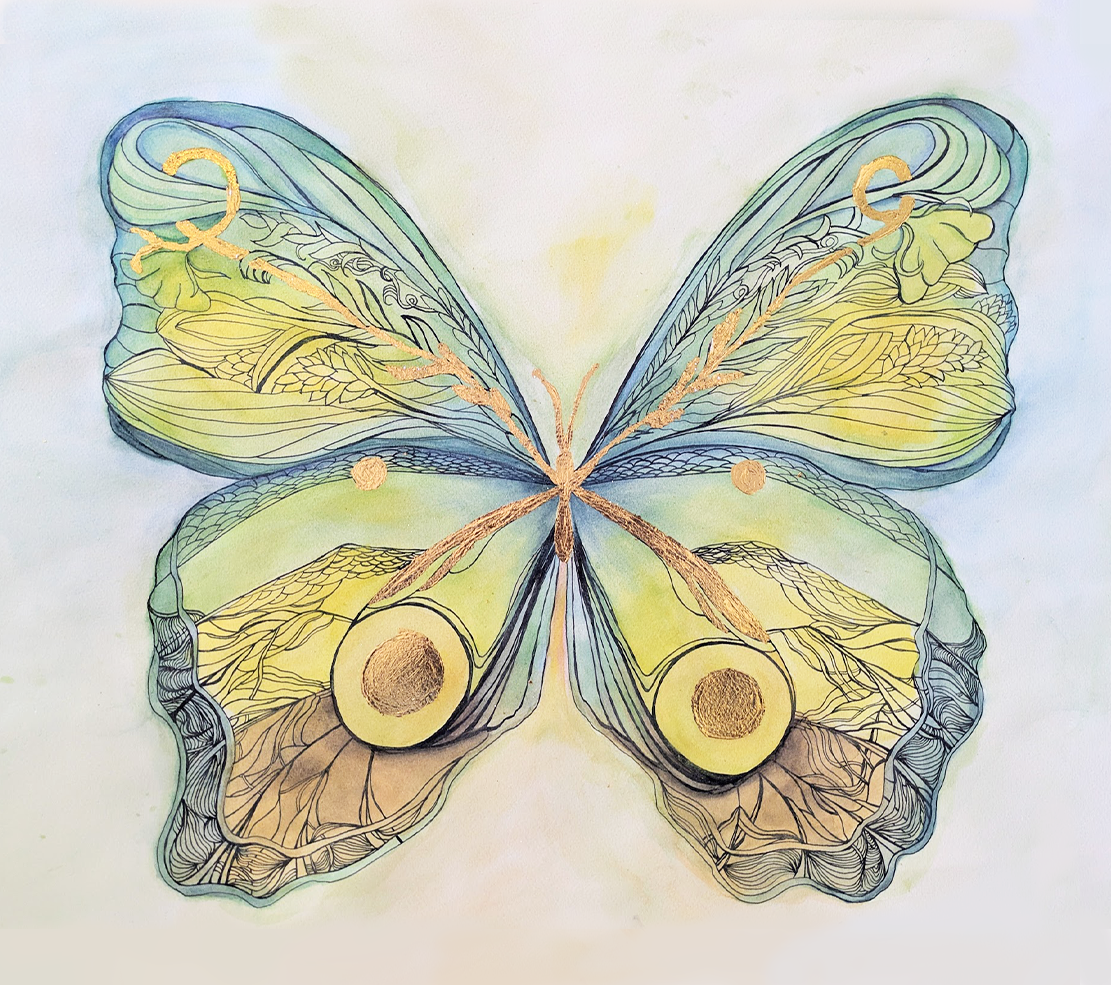 mariposa voladora en oro. Tinta y color. Flying shiny golen Butterfly. Ink and watercolor