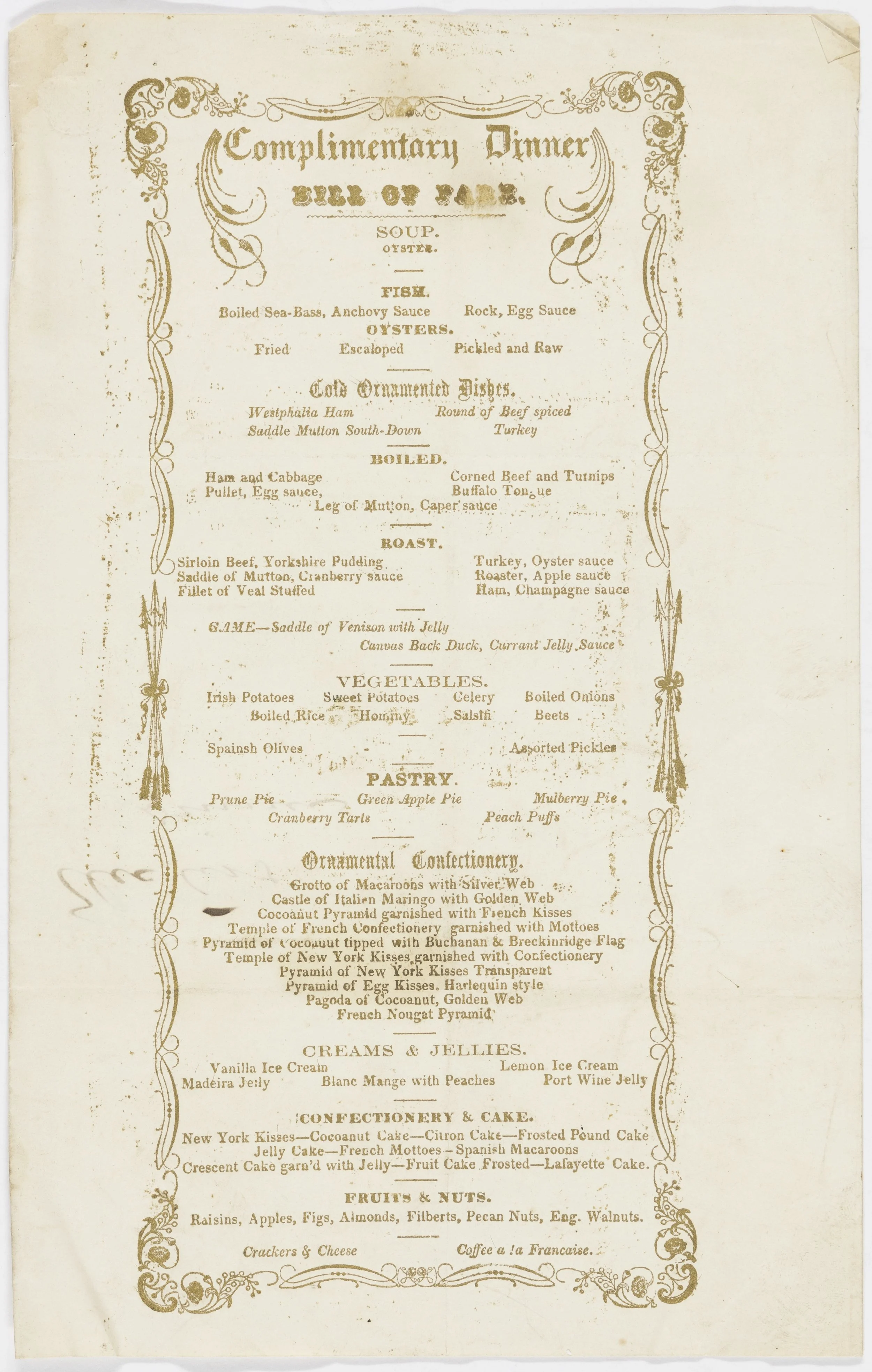 This Ballard House & Exchange Hotel menu from December 3, 1856, shortly before John Dabney replaced Spiro Zetelle as chef and bartender, reflects the French influence on 19th-century fine dining in the United States. Culinary historian Robert Moss has noted that Dabney, Zetelle, and other successful cooks of the era excelled through their mastery of the canon rather than through inventing new dishes. Yet as Dabney demonstrated through his "hail-storm" mint juleps, creativity behind the bar could garner warm praise and much encouragement. (Library of Virginia) Click the image to enlarge.