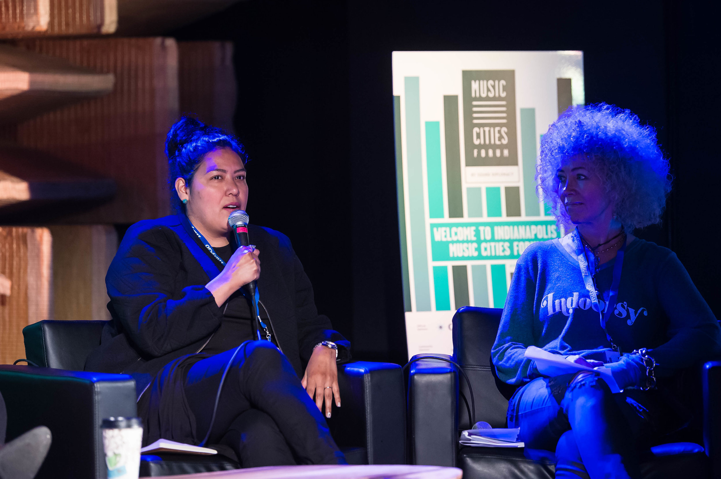 Lauren M Pacheco and Jennie Devoe discussing the needs and challenges of the artist community.