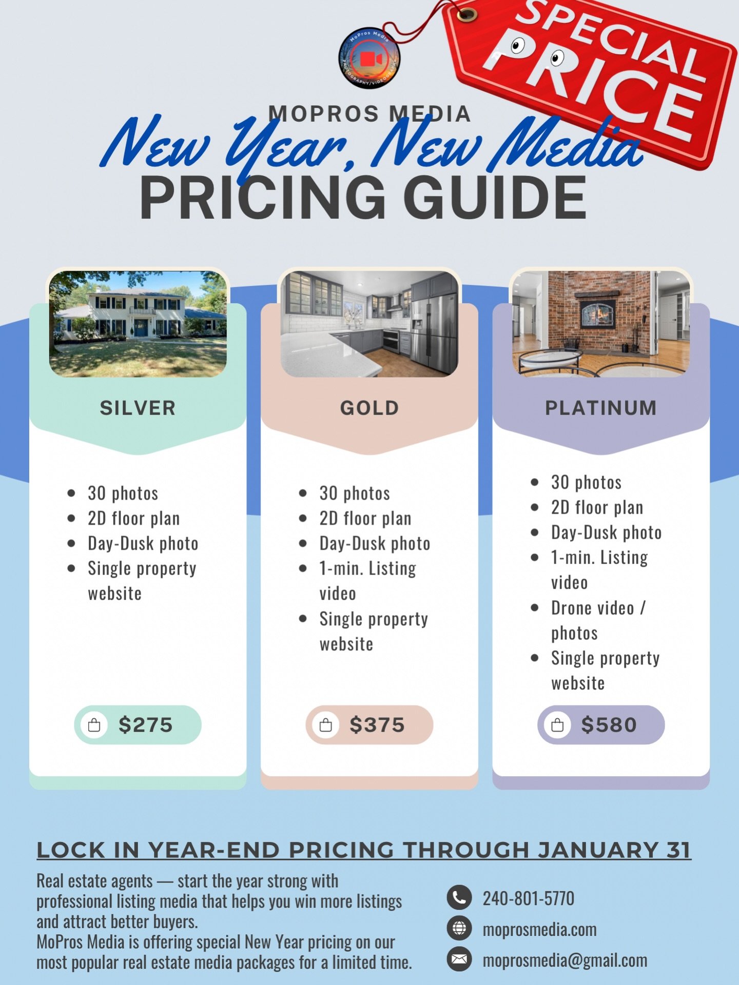 Real estate agents:
If you&rsquo;re planning to list homes in January or early Q1, now is the time to lock in your media.

MoPros Media is running a New Year, New Media Sale through January 31. This allows agents to secure year-end pricing while prep