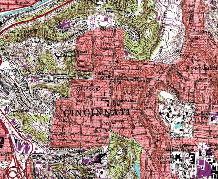 Topographical map of Clifton and surrounding neighborhoods