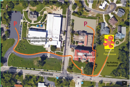 Map of parking options. No parking at Rawson Farmhouse.