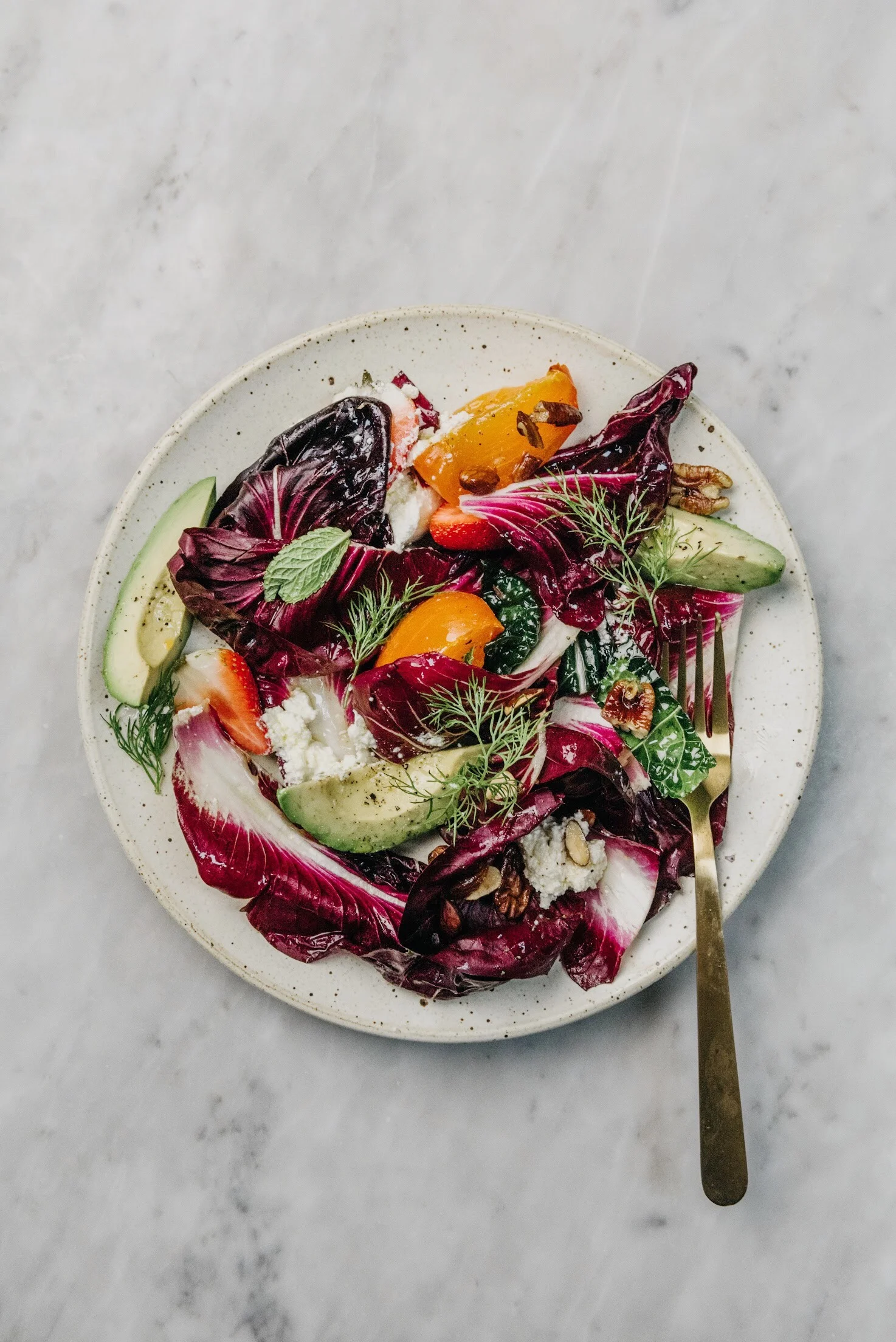 WINTER GREENS AND PERSIMMON SALAD WITH RICOTTA AND AVOCADO (A DREAM SALAD, FOR ONE )