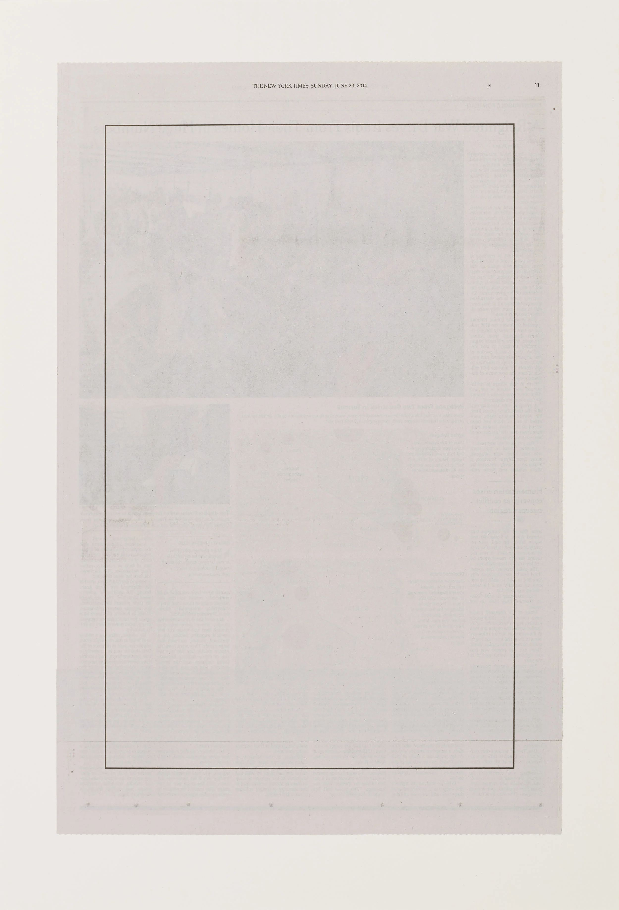 "Intentionally Blank (June 29, 2014)", 2014 15”x23”, Altered New York Times page mounted on paper