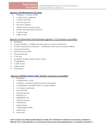 School supplies list - items especially needed: Backpacks Plain, colored folders 3-subject notebooks School glue Highlighter