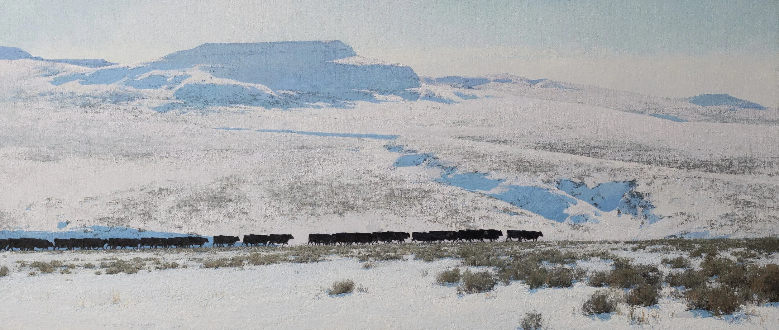 "Seeking Shelter" oil on linen m/o cradled panel, 26 x 60 in., 2024