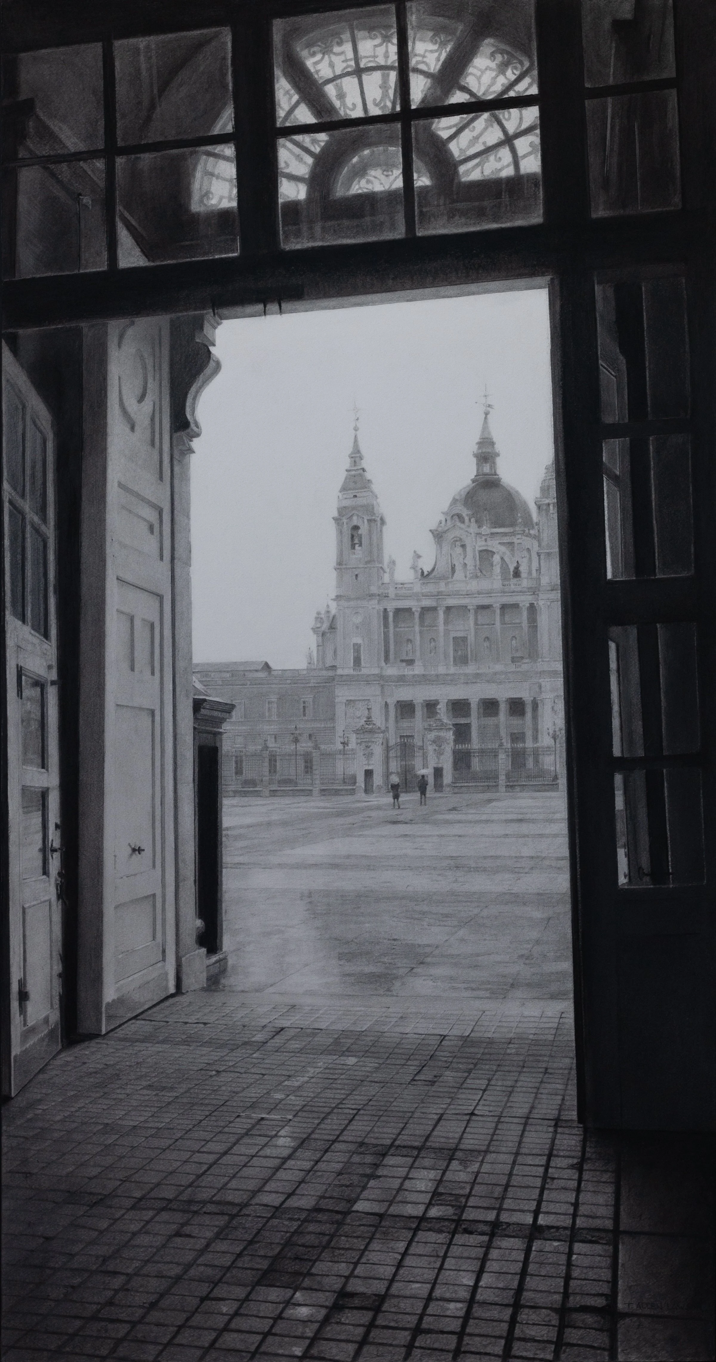 "Cathedral de la Almudena" graphite and charcoal on heavy w/c paper m/o aluminum panel, 50 x 26 1/4 in., 2023