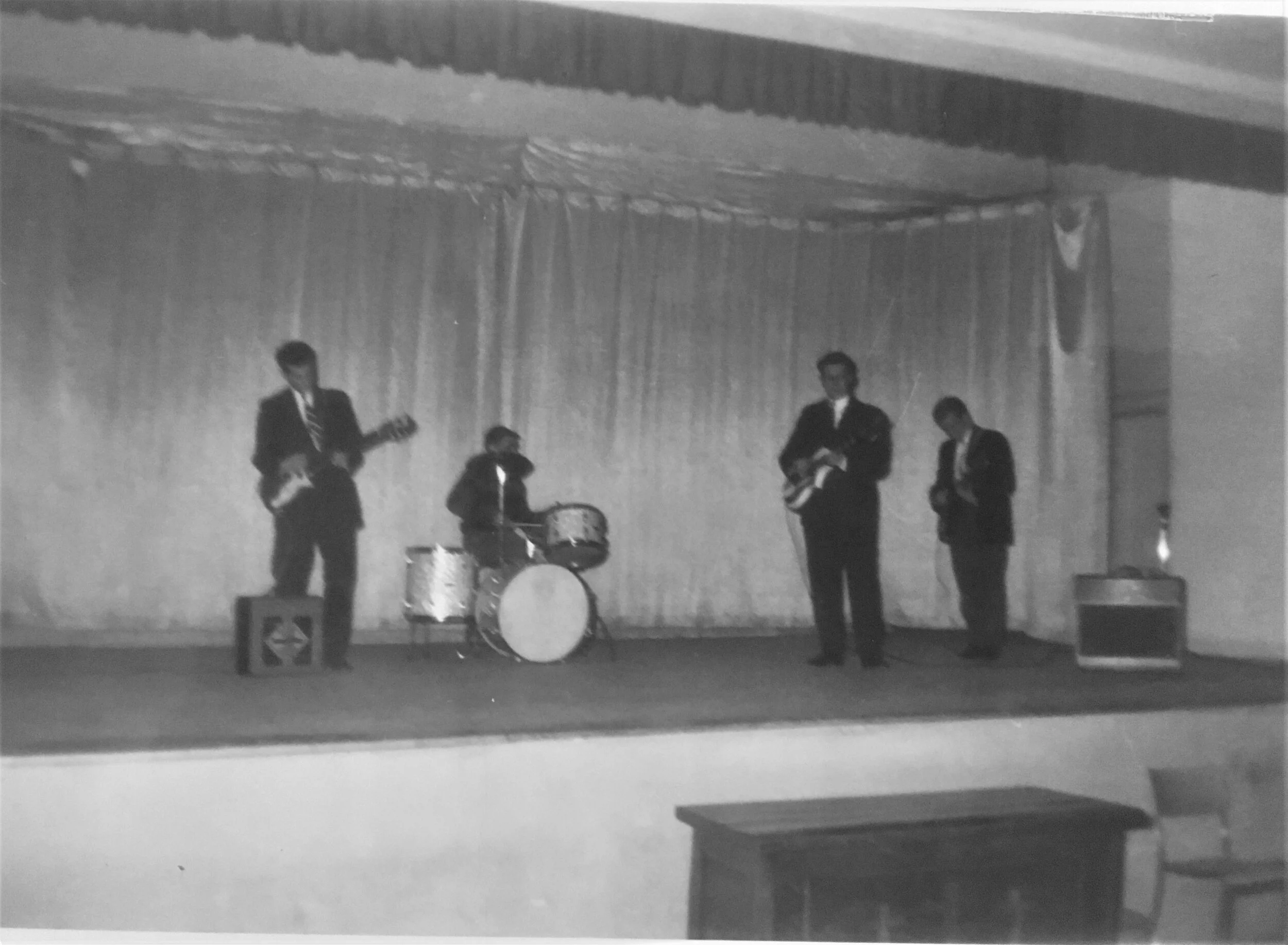 The caption says Gerry Mercer’s Band. We presume that’s Gerry on drums. This was taken in April 1960, the month Gerry turned 21.