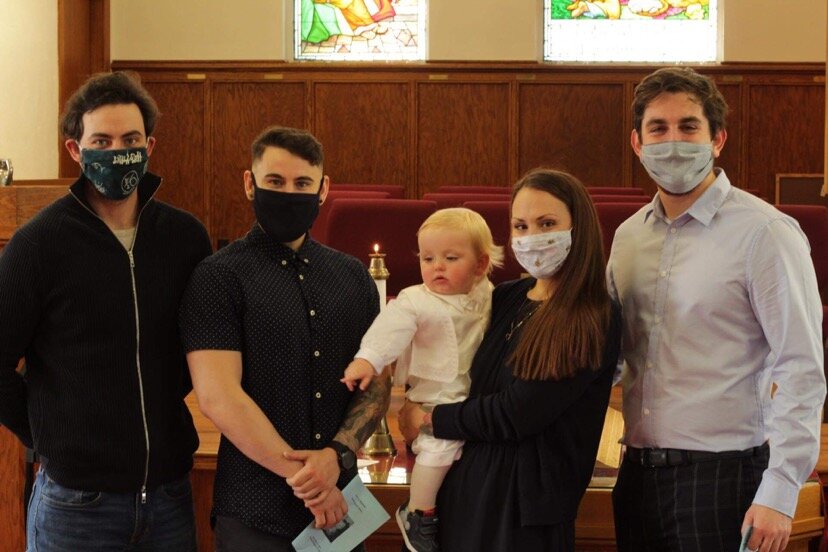 Sarah, Derrick and Gryffin with godparents