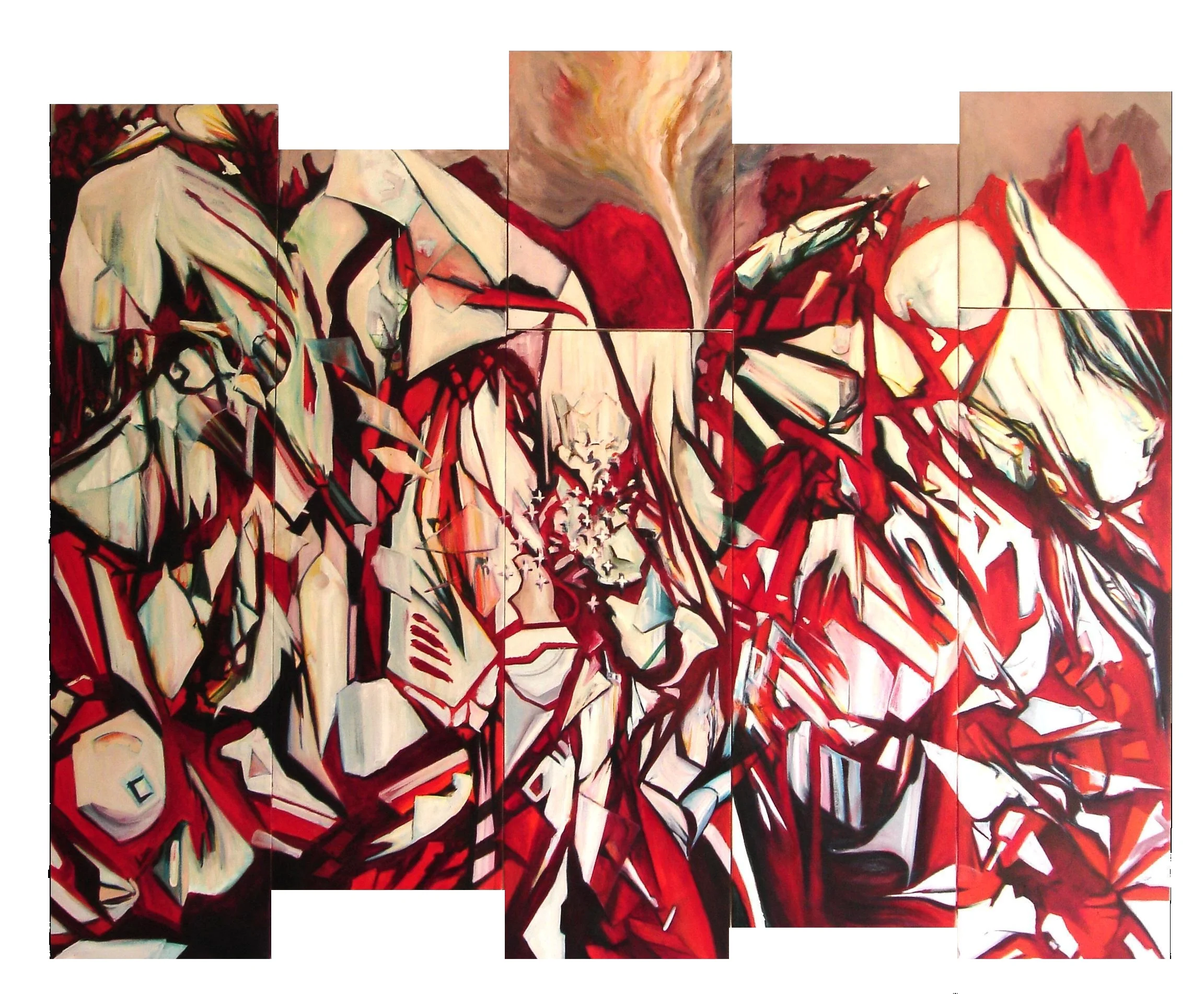    Things fall apart  . Oil on canvas. 7 panels 150 x 200cm overall.  2008 