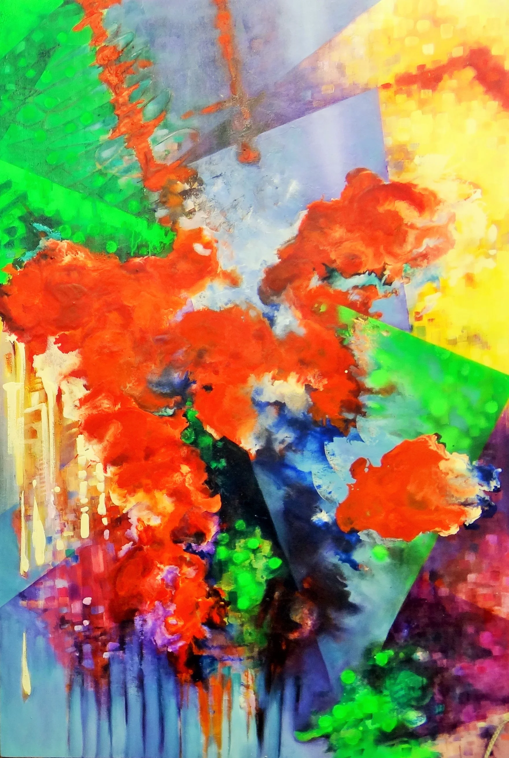    Interpenetration of planes. (preliminary Futurist work)   ,  2011 Oil, encaustic and fluorescent spray on canvas. 115 x 150cm 