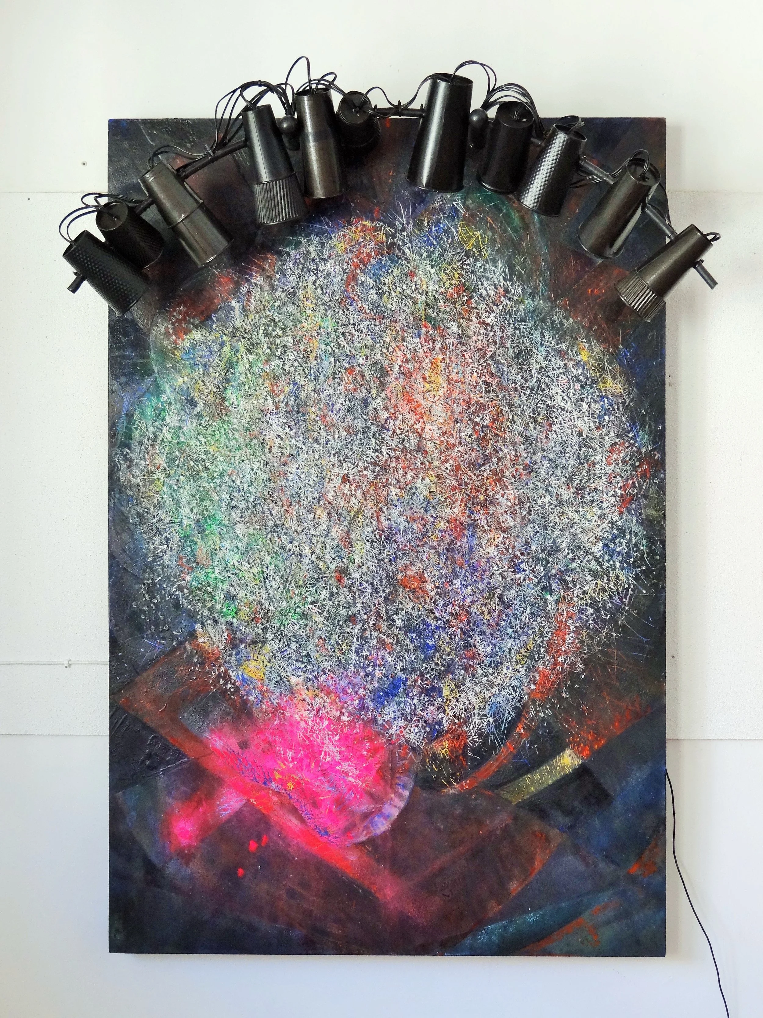    Ritratto di Russolo (noise),   2012. Oil, encaustic, fluorescent spray and metal staples on canvas on board, with camera-flashes, sensors, microcomputers and car hooter. 115 x 150 cm. 