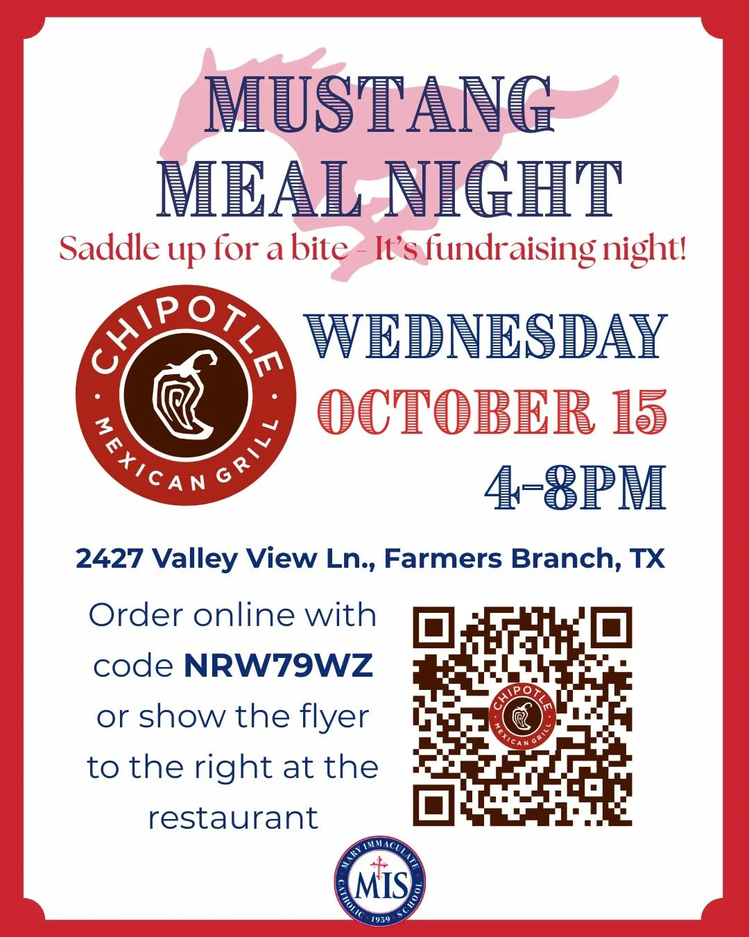 🌯💛 Grab your crew and join us for this month&rsquo;s Mustang Meal Night&mdash;because nothing tastes better than a meal that gives back! 🐎✨

📅 When: Wednesday, October 15th | 4&ndash;8 PM
📍 Where: Chipotle &ndash; 2427 Valley View Ln., Farmers B
