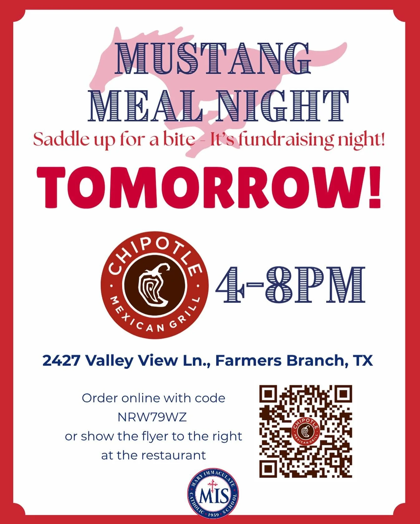 TOMORROW! 🌯💛
Skip the kitchen, support the mission, and give back to MIS at our MIS x Chipotle Mustang Meal Night!

📅 Wed, Oct 15 | ⏰ 4&ndash;8 PM
📍 Chipotle &mdash; 2427 Valley View Ln., Dallas

How to help:
1. Order online/app for picku
