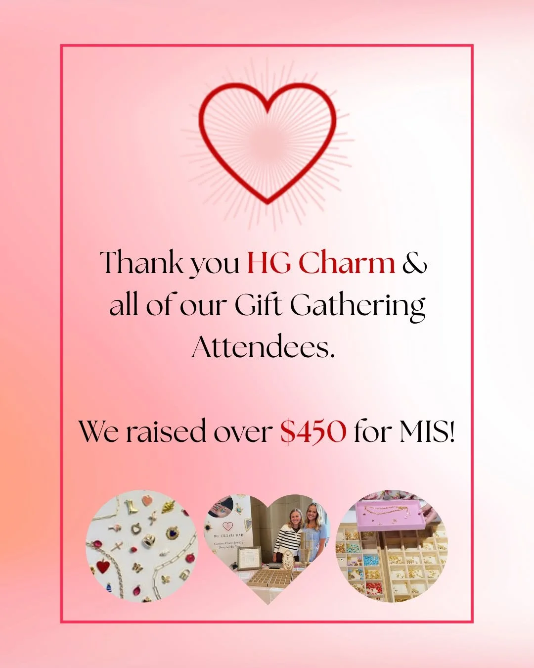 ✨ Huge thanks to HG Charm Bar @hgcharmbar and all our amazing Gift Gathering guests! Because of your support, the HG Charm Bar raised over $450 for MIS! 💛

HG Charm Bar, founded by Dallas duo Haley &amp; Grace, offers a hands-on custom jewelry exper