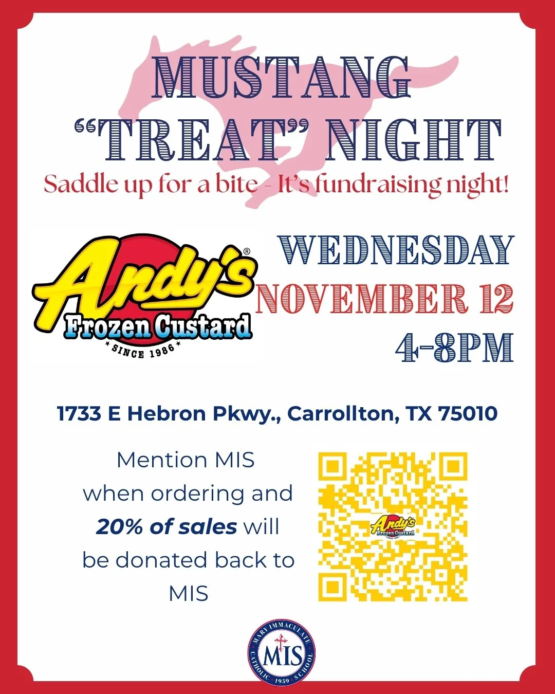 🍦 **November Mustang Meal Night &mdash; Treat Edition! ** 🤠💛
 We&rsquo;re trading dinner for dessert this month and heading to Andy&rsquo;s Frozen Custard!

📍 1733 E Hebron Pkwy., Carrollton, TX 75010
⏰ Wednesday &bull; 4&ndash;8 PM

Swing by aft