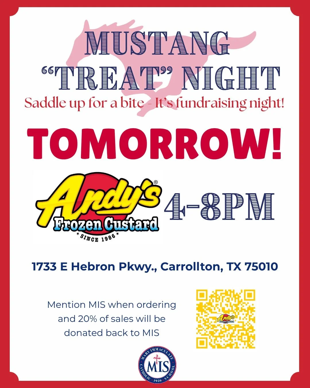 🍦✨ TOMORROW is TREAT DAY, Mustangs! 🤠💛

Our Mustang Meal Night: Treat Edition is happening TOMORROW at Andy&rsquo;s Frozen Custard from 4&ndash;8 PM &mdash; and we&rsquo;d love to see you there!

Make it:
✔️ After-school sweet stop
✔️ Dessert afte