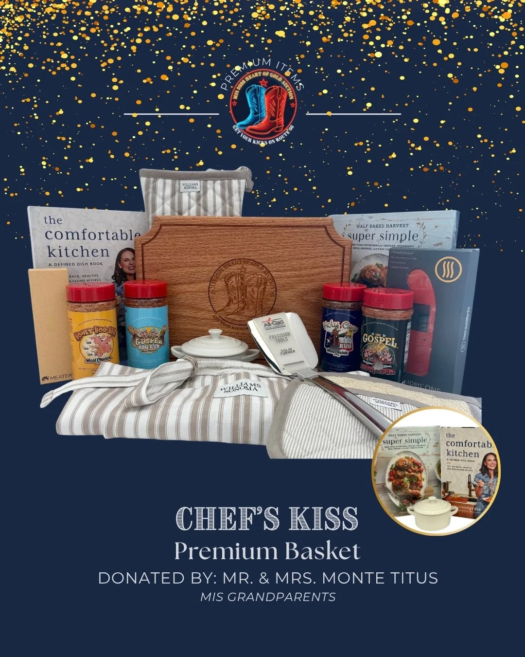 👨&zwj;🍳✨ Chef&rsquo;s Kiss on Route 66
For the home chef with a Heart of Gold &mdash; this basket is a culinary dream come true! Featuring the Half Baked Harvest Super Simple and Defined Dish cookbooks, premium William Sonoma kitchen essentials, a 