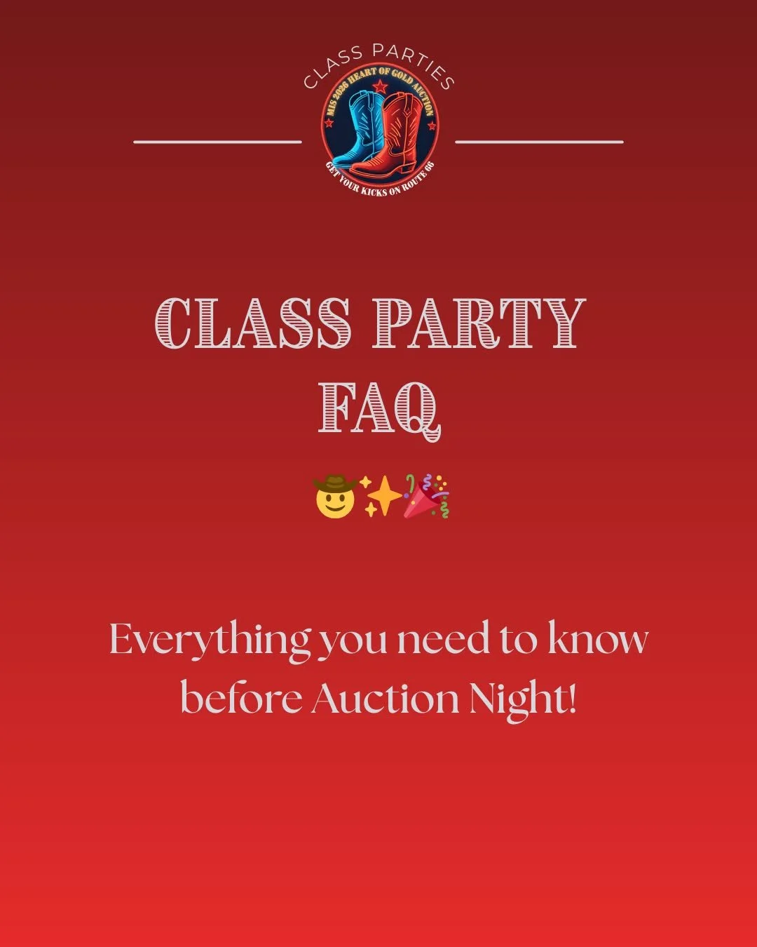 🤠✨ Class Party FAQ &mdash; Let&rsquo;s Break It Down! ✨🎉
Class Parties are sure to be the new favorite part of the Heart of Gold Auction &mdash; and we want to make sure families know exactly how they work!

✔️ Class Parties are a set-price buy-in 