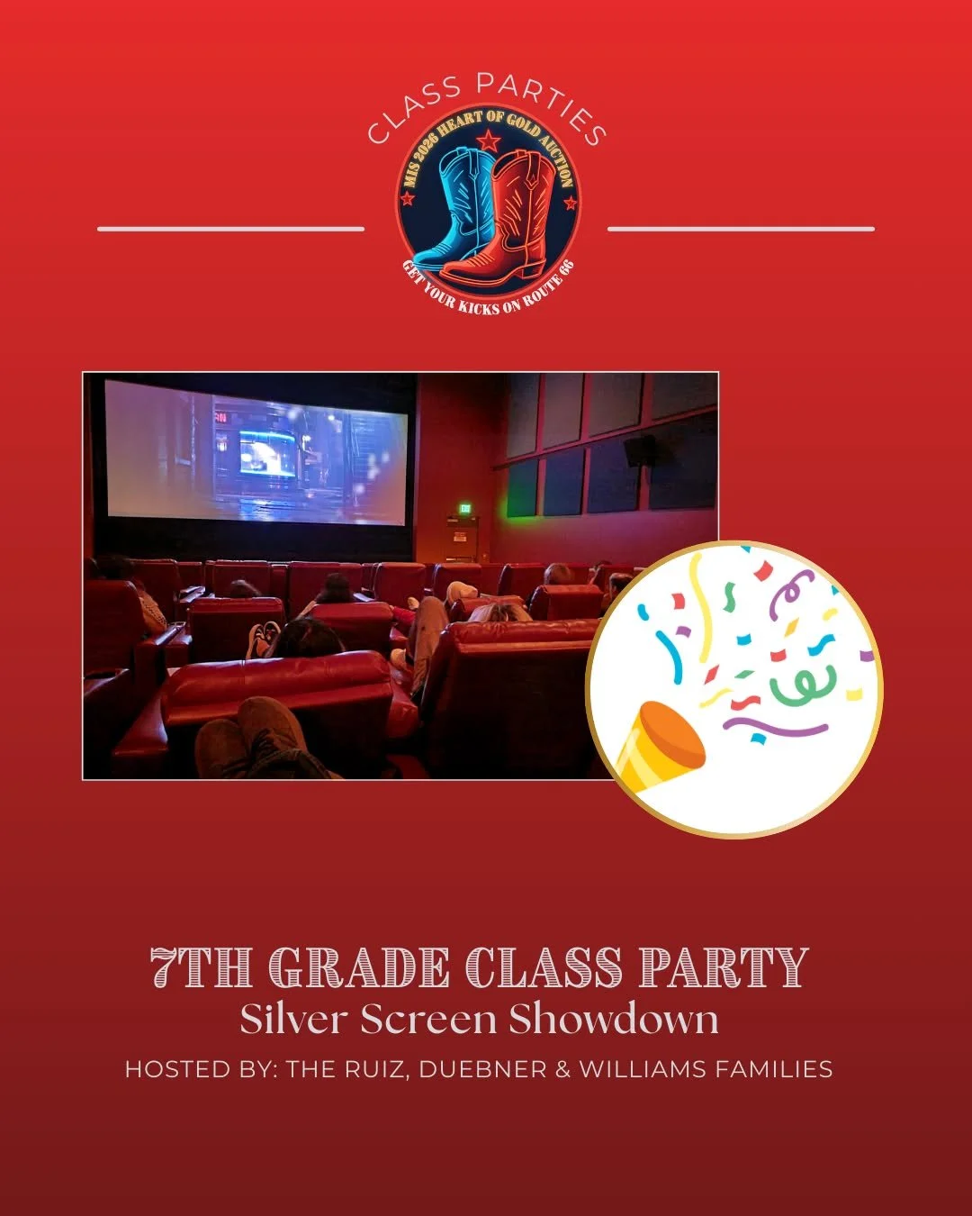 🎬🍿 7th Grade &mdash; Silver Screen Showdown

Lights, camera, yeehaw! 🤠 Seventh graders are invited to a private movie party with friends, snacks, and big-screen fun at the Dallas Police Association.

🎟️ Class Party tickets are ON SALE &mdash; lin