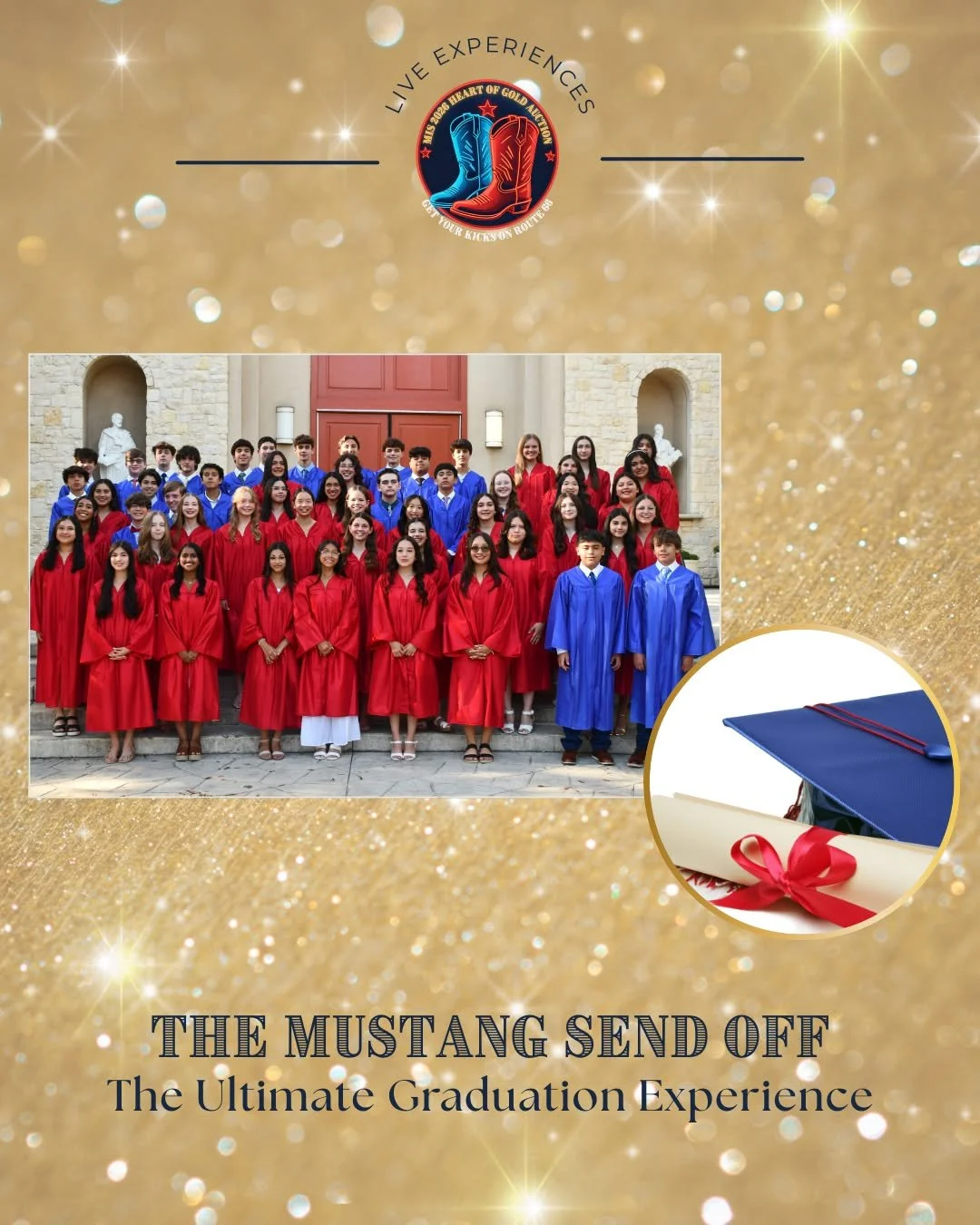 ⭐️ LIVE AUCTION ITEM PREVIEW 
🎓 The Mustang Send-Off: Ultimate Graduation Experience

Give your 8th grader the send-off they deserve. From delicious treats and catered BBQ to professional photos, marquee moments, and the legendary 8th Grade Walk&mda
