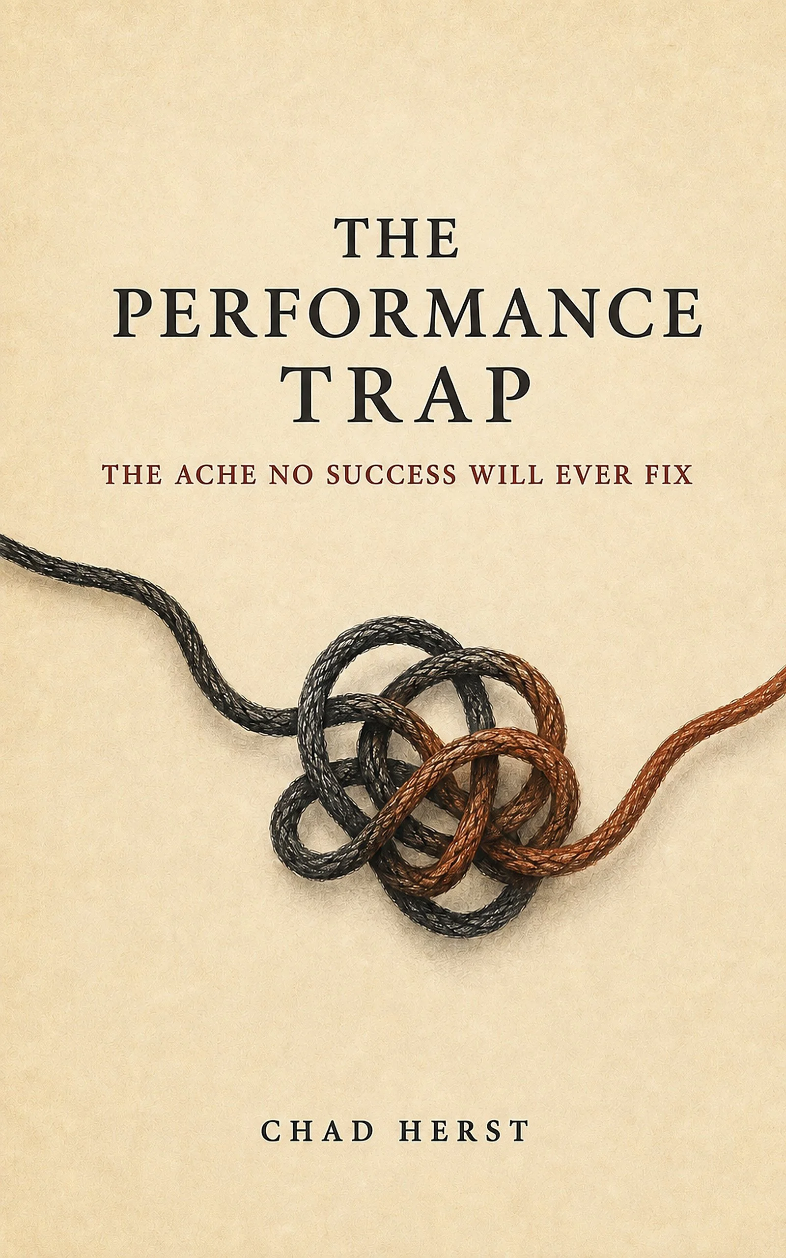 The Performance Trap book cover: a dark cord tied into a knot, turning rust where it exits, on parchment