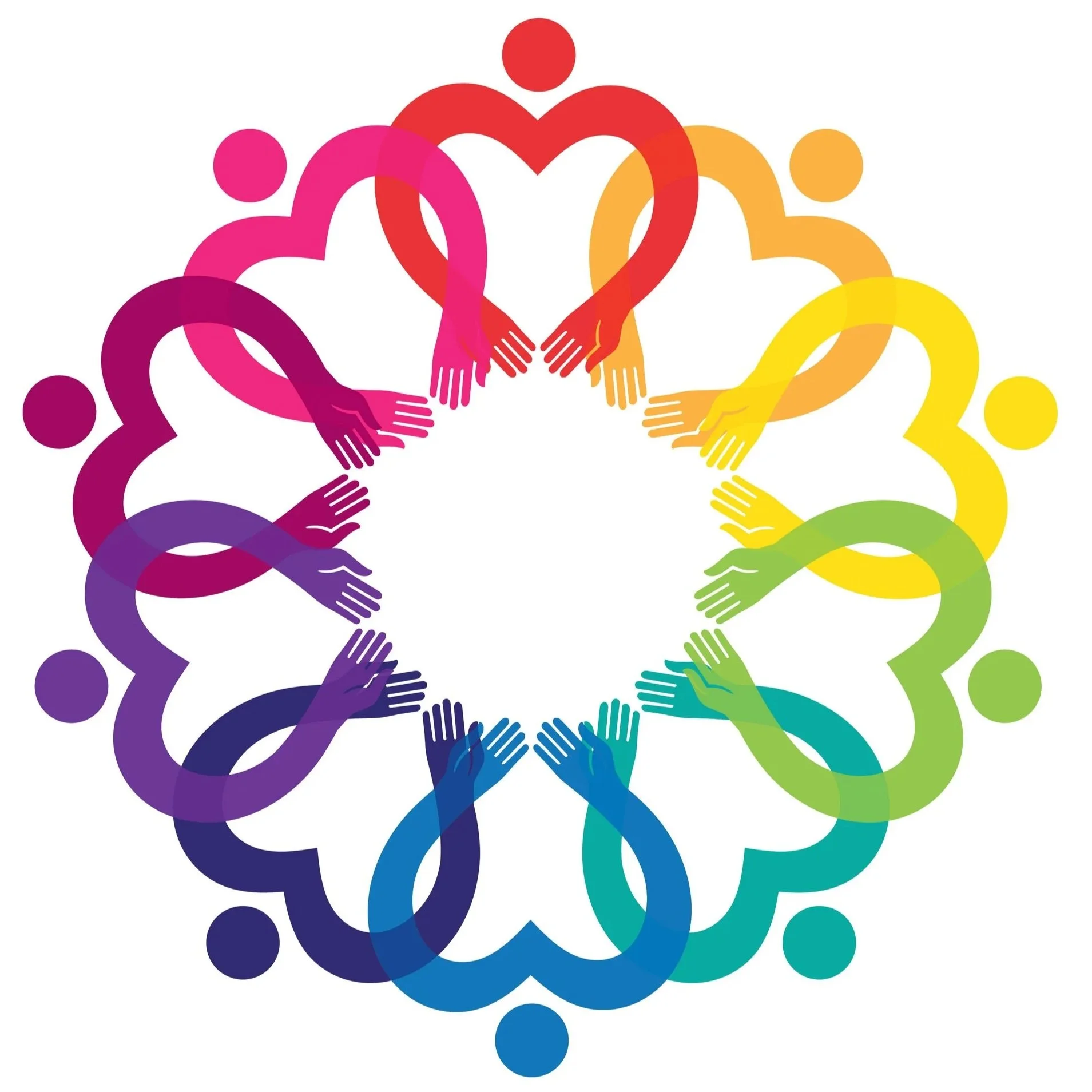 A circle of interlocking hearts with hands at the bottom where a heart would come together at a point. Each heart has a head (a dot) centered above the heart and they are in all different colors of the rainbow.