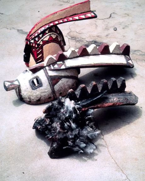 There are three distinct styles of masks among the Mossi people--Southwestern, Northern and Eastern. Pictured are three of the Southwestern style, Ouagadougou, delineated by their smaller size; geometric patterns; dark red, black and matte white paint; and depiction (generally animals or humans). Ouagadougou masks are either worn covering the face or resting on the forehead at a slanted angle.