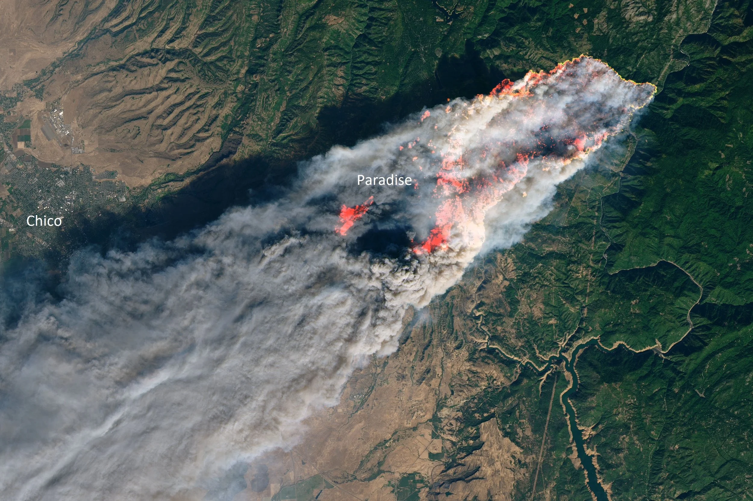 The Camp Fire as seen from space on Thursday, November 8th. The fire has since quadrupled in size, mostly spreading to the south and east.