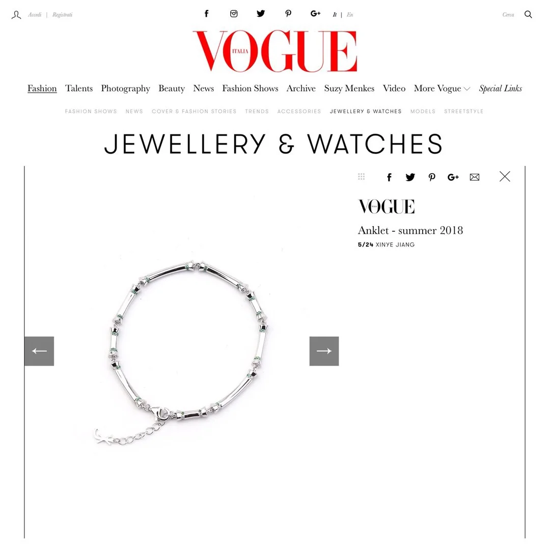 Date: 11, July, 2018 Credit: Lady Bamboo Anklet Editor: Selene Oliva Country: Italy Link: https://www.vogue.it/moda/gioielli-orologi/2018/07/11/cavigliera-gioiello-must-have-estate-2018/