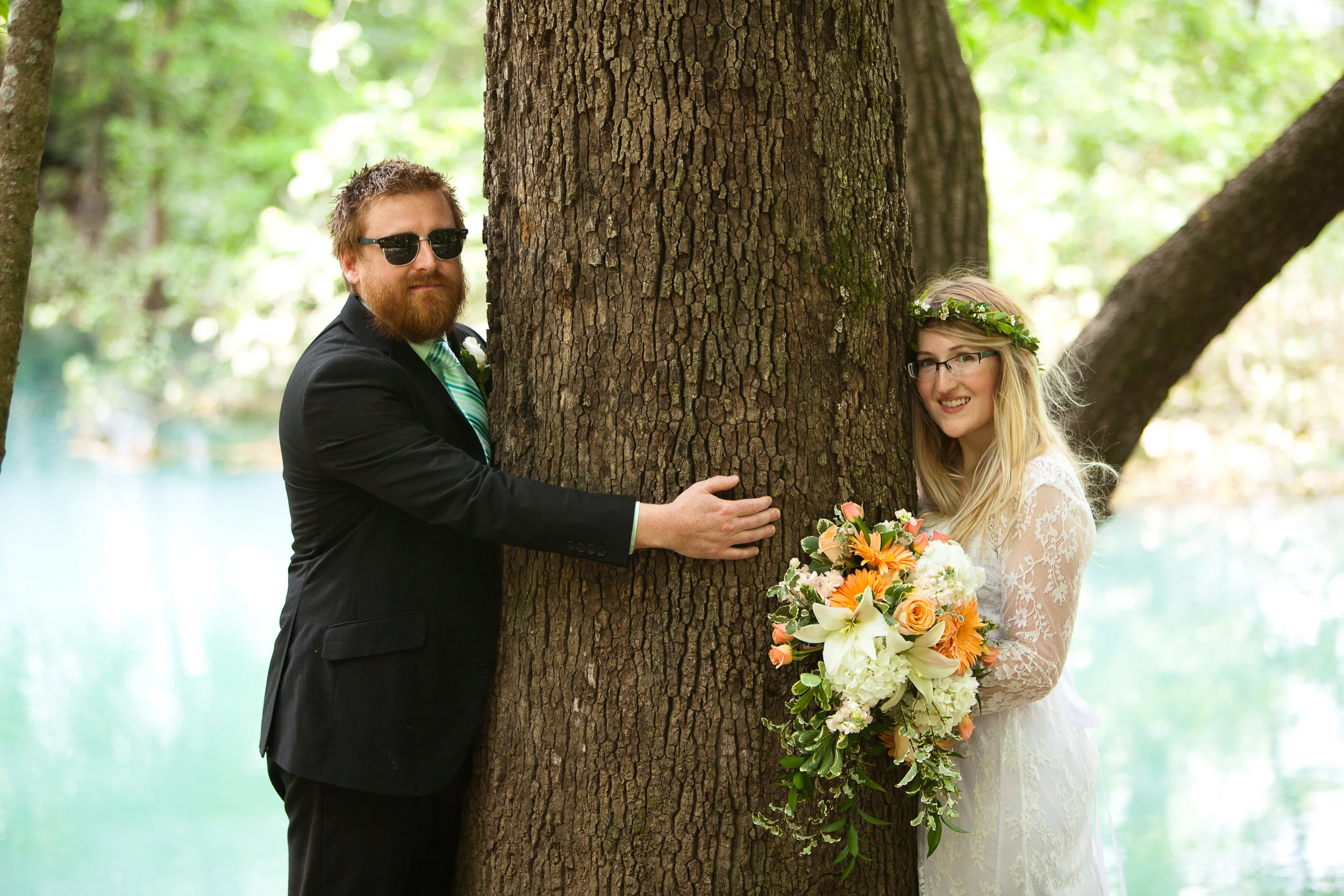 Tree huggers even in formal wear! The park was full of beautiful old tall trees providing shade to the path, and cool photos!