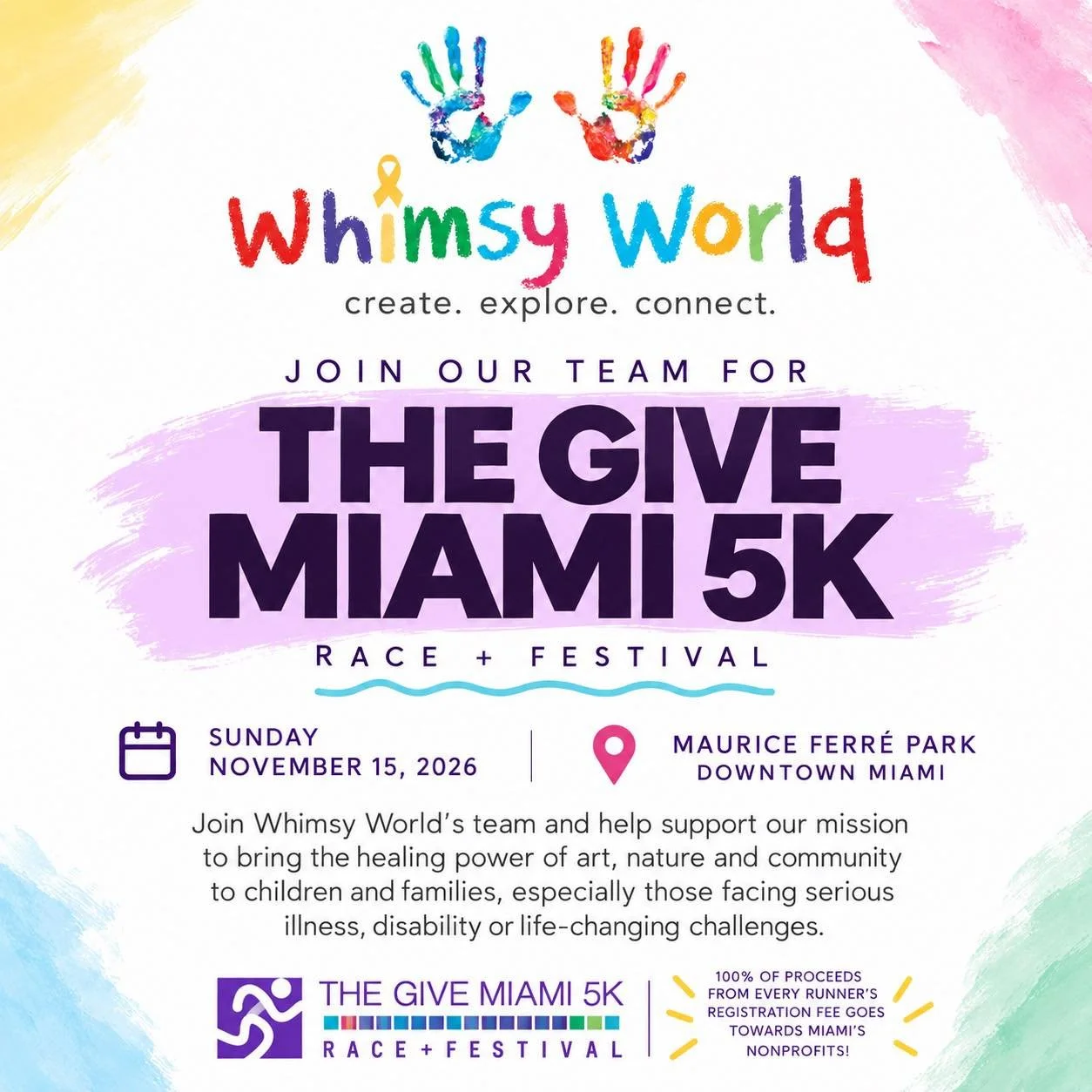 Lace up, Miami! 🌴✨ Save the date!

Whimsy World is building a team for The Give Miami 5K Race + Festival on Sunday, November 15, 2026 at Maurice Ferr&eacute; Park in Downtown Miami and we&rsquo;d LOVE for you to join us! 💜 

Whether you run, walk, 