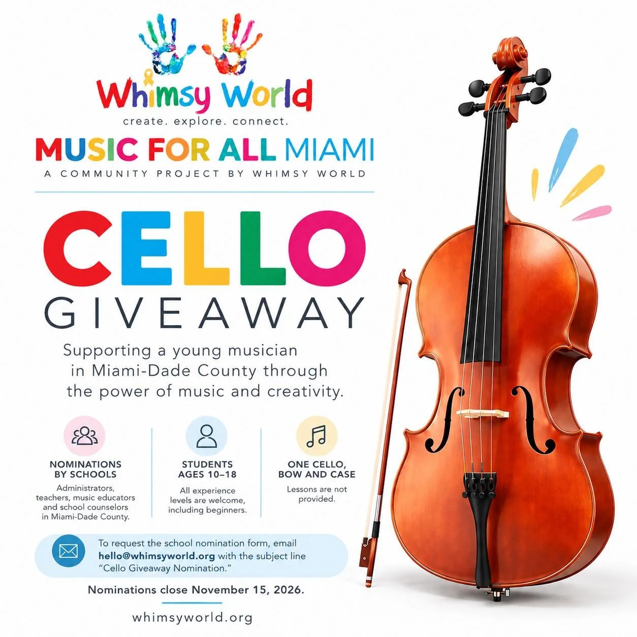 🎶💛 INTRODUCING MUSIC FOR ALL MIAMI!

An ongoing community project by Whimsy World, helping children discover the joy of music through access to instruments and creative opportunities. 🌈

🎻 Our first giveaway: A cello!

We&rsquo;re gifting one cel