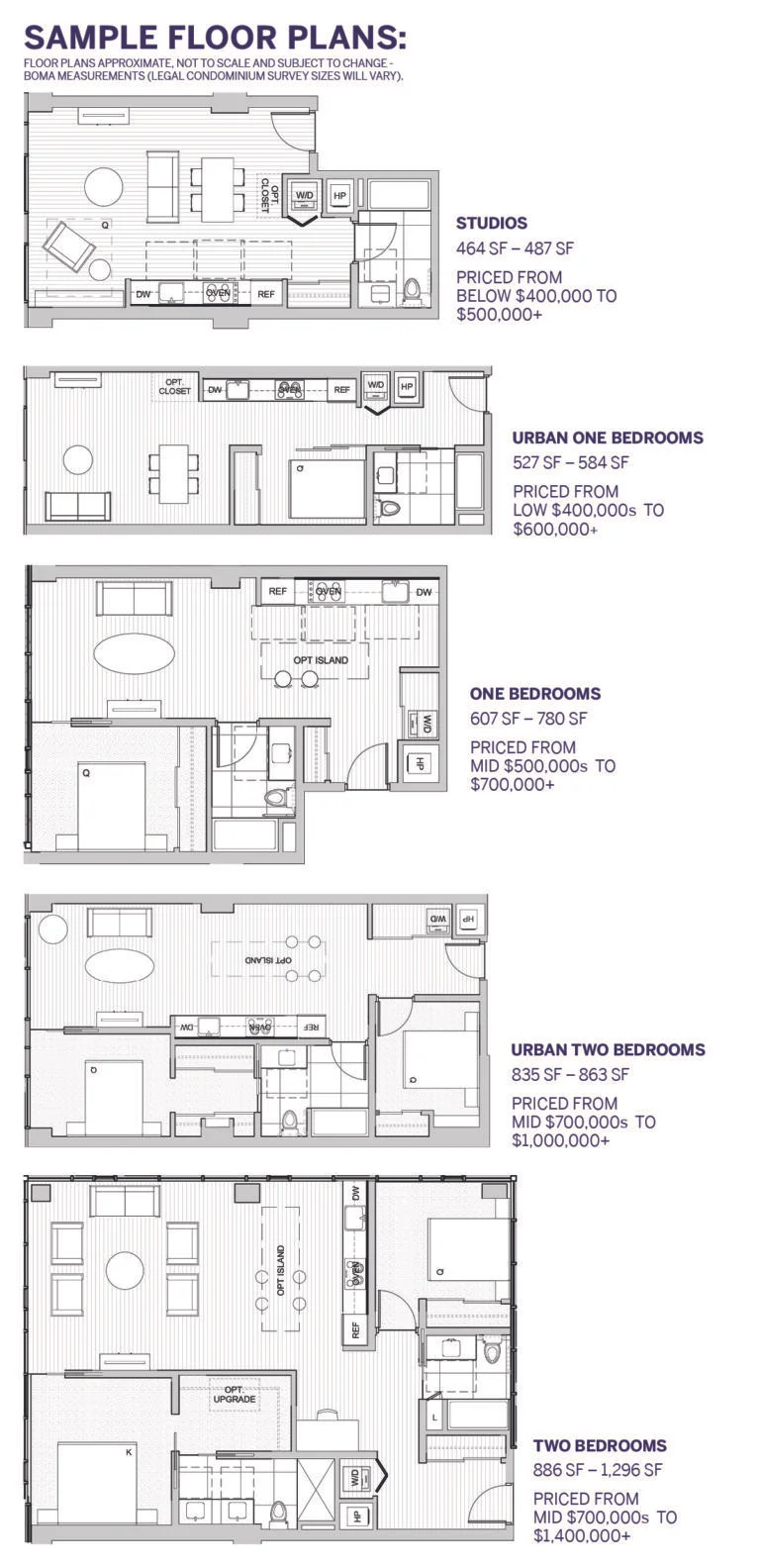 Above: A sampling of floor plans reveal efficient living spaces, in-line kitchens and flexible (optional) island countertops.