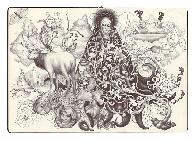 &ldquo;Incubate&rdquo; pen on paper, 2019. 🦌🐙🐸 #inktober #ballpointpen #sketchbook